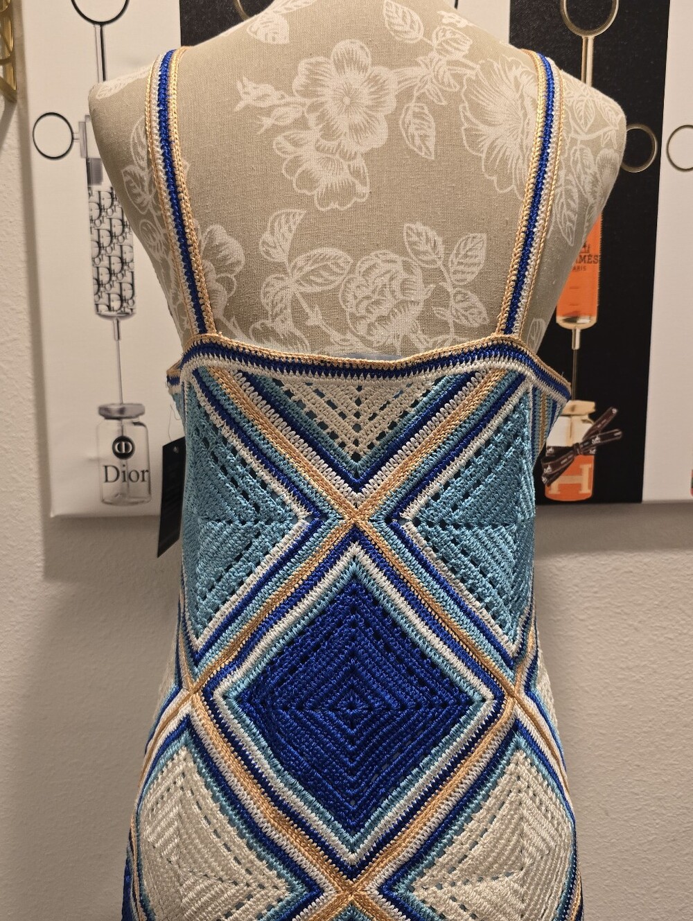 Boston Proper Midi Blue & Cream Crochet Dress with Fringe - Picture 6 of 13